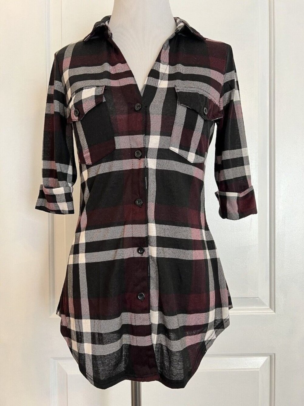 Paper & Tee Plaid Button Up Top 1/2 Half Sleeve Lightweight Flannel Boutique S